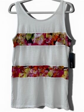 Apt. 9 Panel Linen Blend Tank with Floral Stripe Bands & Back Keyhole - Size S